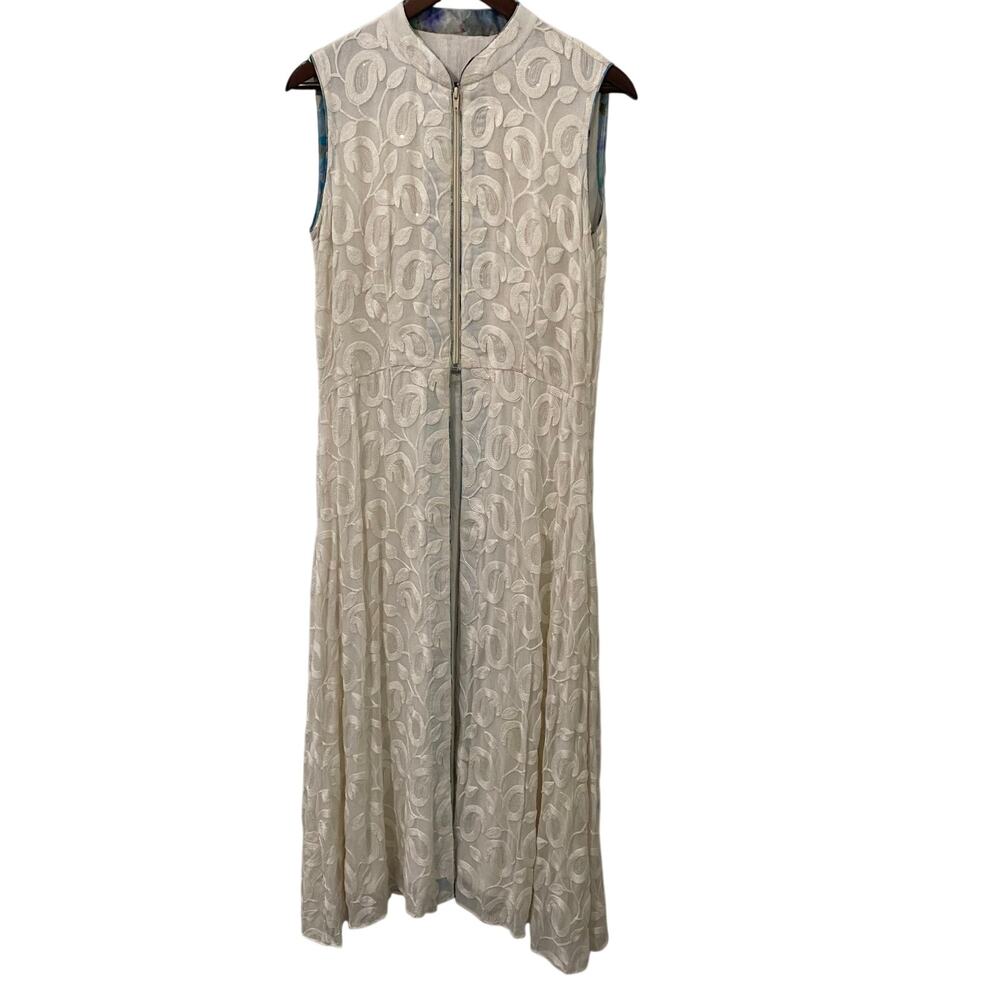 Women’s Embroidered Sequin Paisley Lined Maxi Duster Zip Front Sleeveless Medium